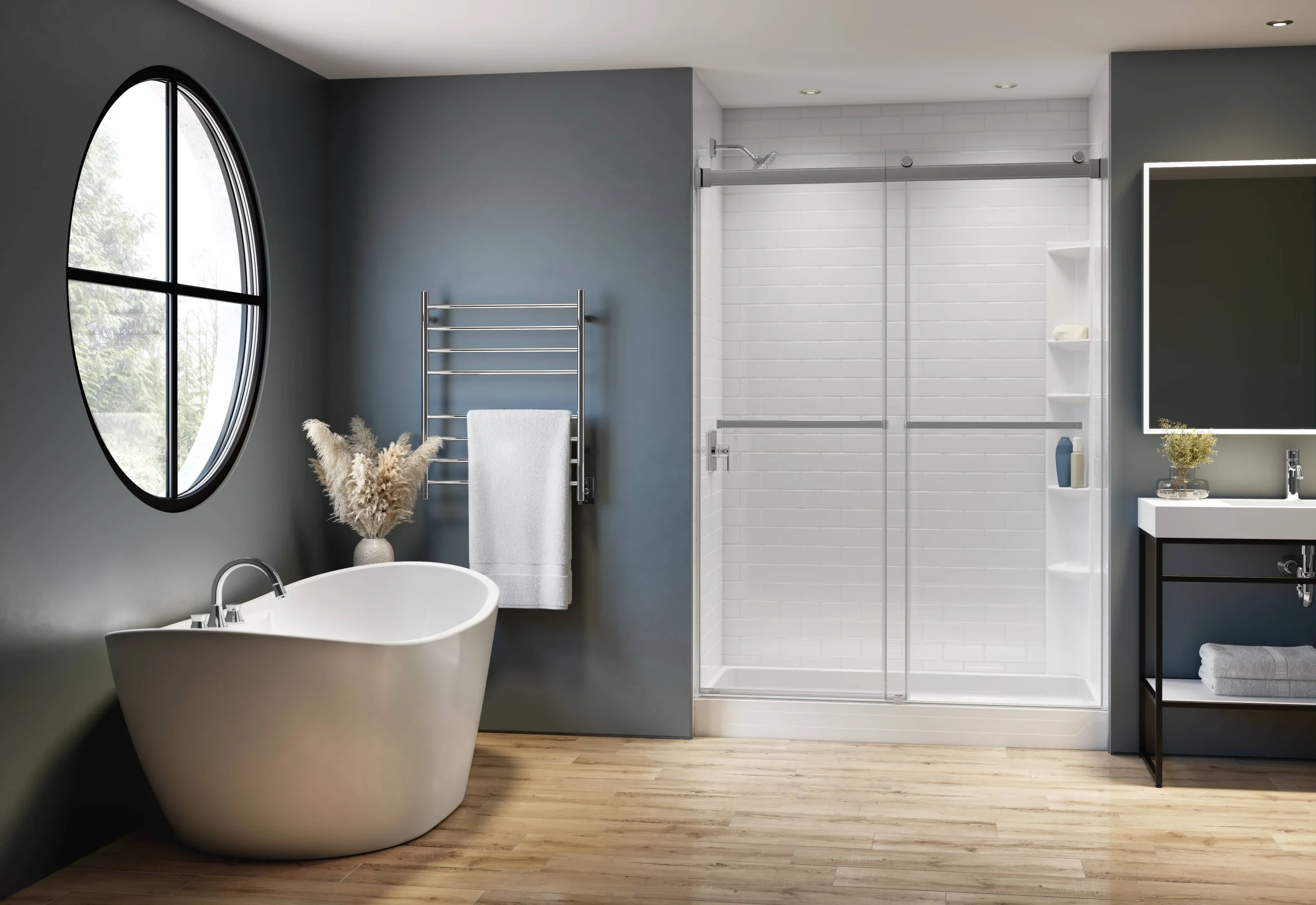 Bathroom interior in white and wood with a white bathtub, a toilet, and a built-in shelf for personal care items. a mockup